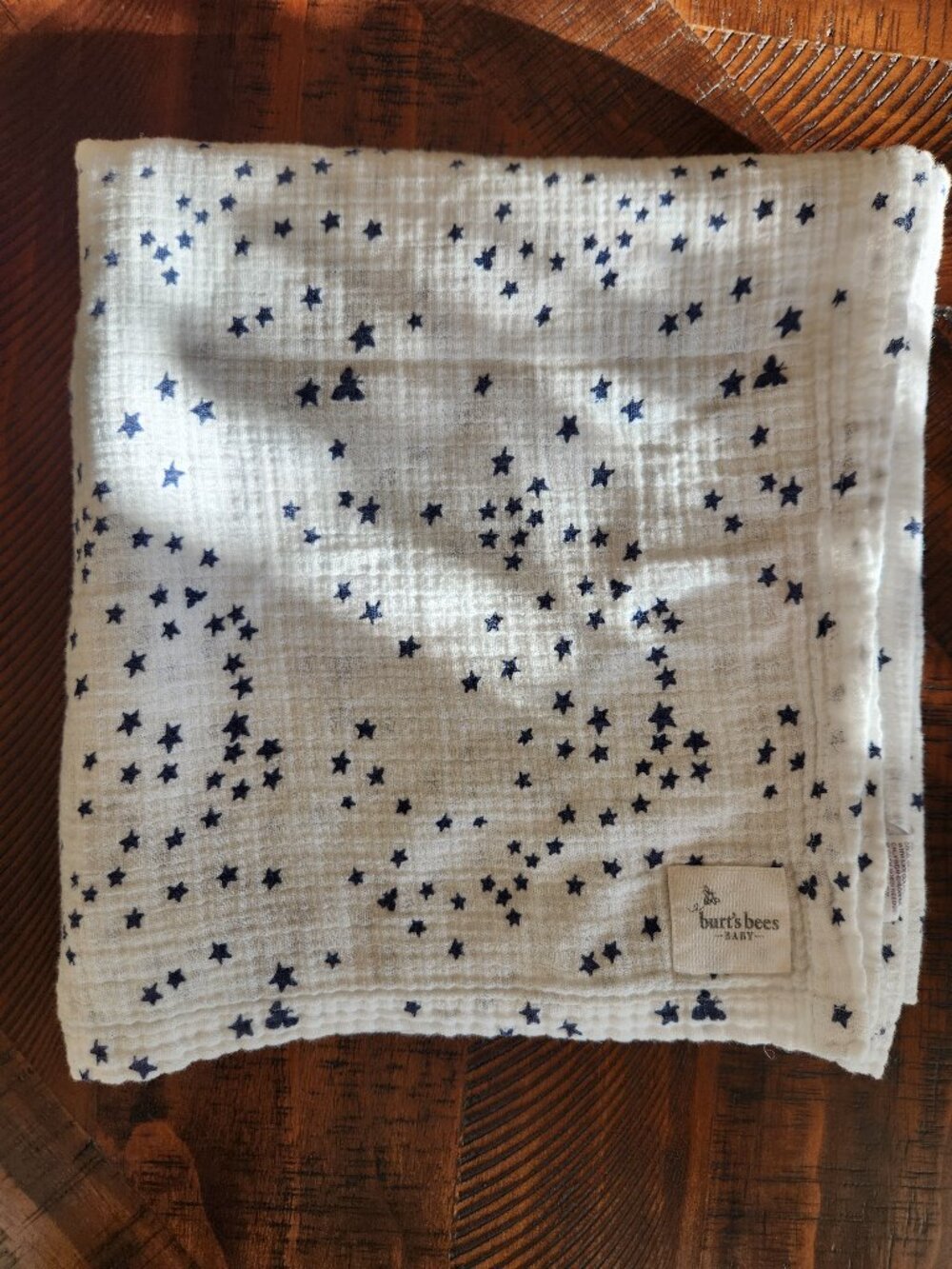 Burt's Bees Baby Muslin Swaddle Blanket w/ Navy Blue stars & bees | 42" x 42"